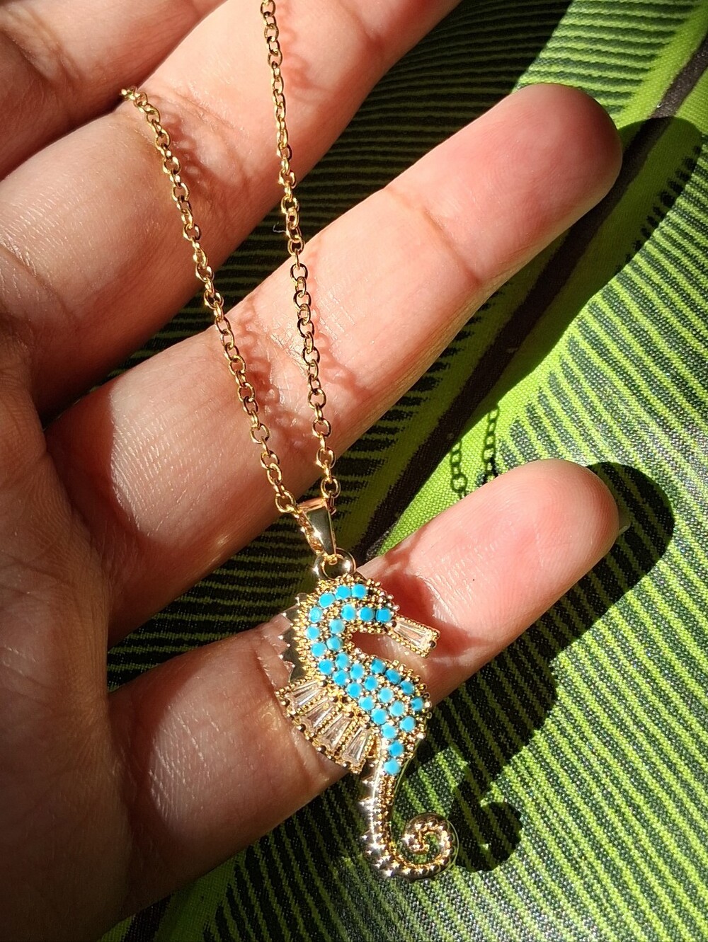 Gold Seahorse Pendant Stainless Steel Necklace with Turquoise Color Stones